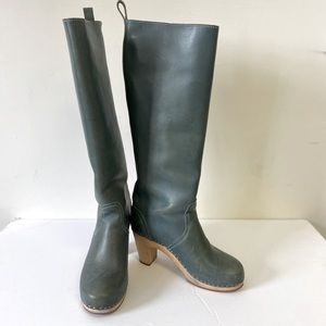 Swedish Hasbeens awesome green tall boots with wood block heel size 37